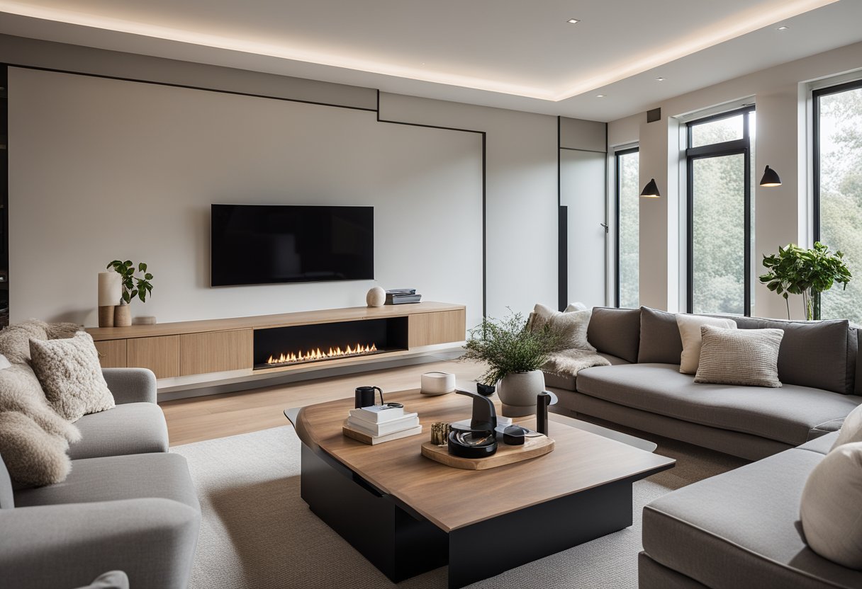 A spacious, well-lit living room with sleek, minimalist furniture, a large flat-screen TV, and a cozy fireplace. The room features neutral tones, clean lines, and plenty of natural light