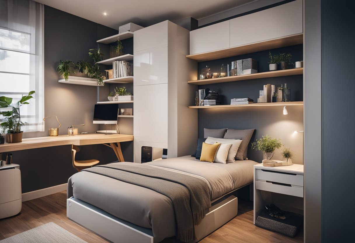 A small bedroom with a loft bed, wall-mounted shelves, and foldable furniture to maximize space. A desk and mirror on the wall create a functional yet stylish design