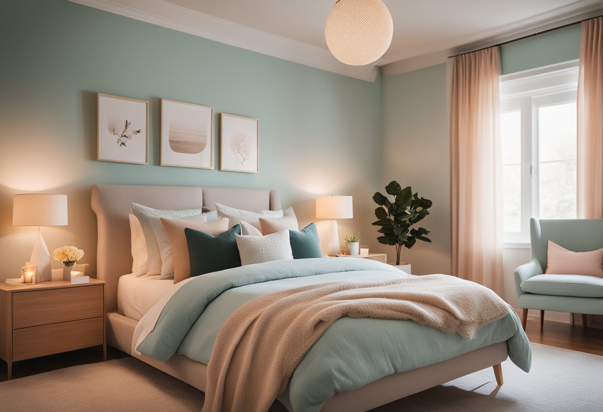 Soft, warm lighting fills the cozy bedroom, casting a gentle glow over the pastel-colored walls and furnishings. Subtle pops of color from decorative accents add a playful touch to the serene ambiance