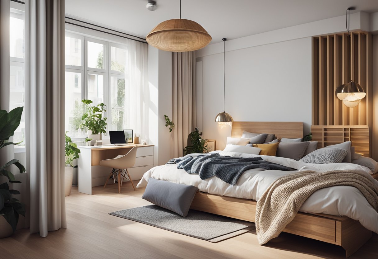 A cozy, clutter-free bedroom with space-saving furniture and clever storage solutions. Bright colors and natural light create a welcoming atmosphere