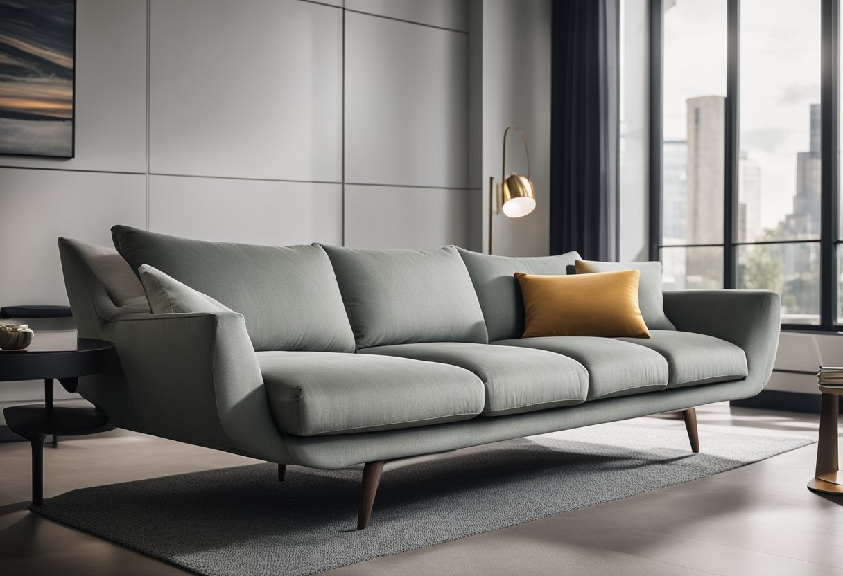 A sleek, contemporary sofa set sits in a spacious living room, featuring clean lines, low profiles, and plush cushions