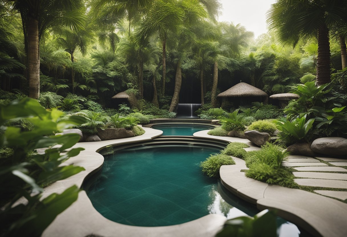 A tranquil spa with lush greenery, calming water features, and a peaceful atmosphere