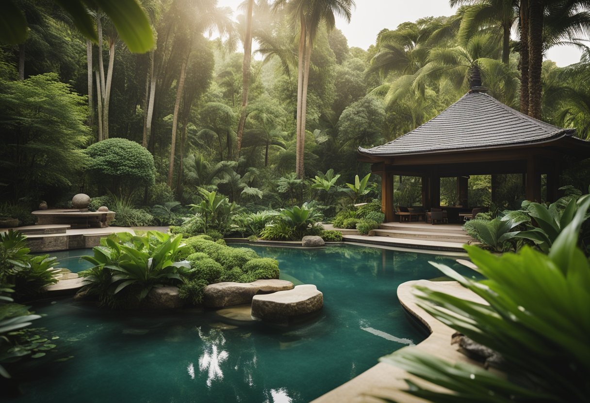A serene wellness retreat with lush greenery, calming water features, and peaceful meditation spaces