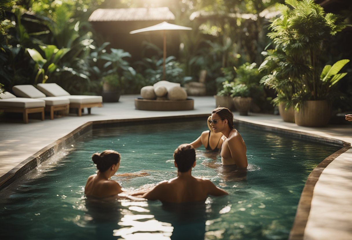 Guests relax in a serene spa setting, surrounded by lush greenery and calming water features. The atmosphere exudes tranquility and promotes a sense of rejuvenation and well-being
