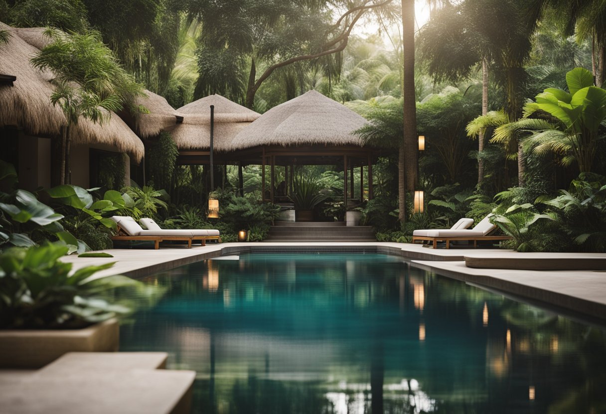 Lush greenery surrounds a tranquil pool, with a cascading waterfall and cozy cabanas, creating a serene atmosphere at the Retreat Wellness retreats and spas