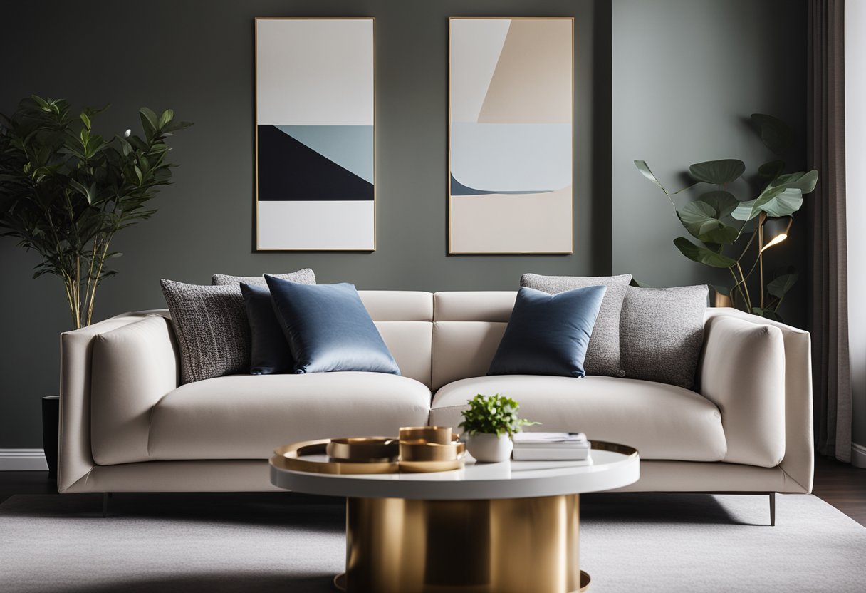 A sleek, contemporary sofa set sits in a spacious living room, featuring clean lines, plush cushions, and stylish accents