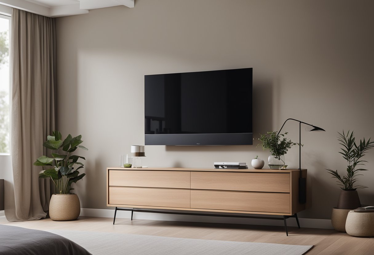 A sleek flat-screen TV mounted on the wall above a minimalist, modern dresser in a cozy, well-lit bedroom with neutral color tones