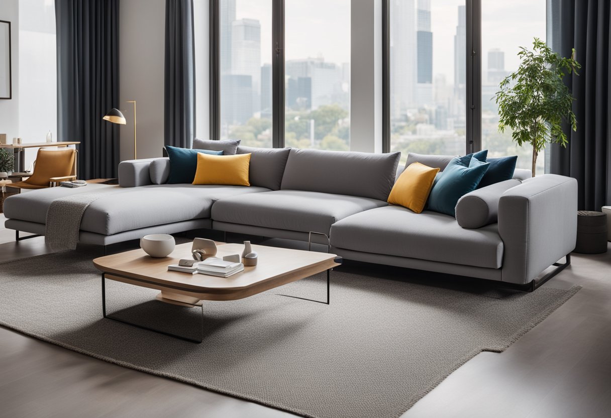 A sleek, modern sofa set sits in a spacious living room, accented with plush cushions and stylish decor