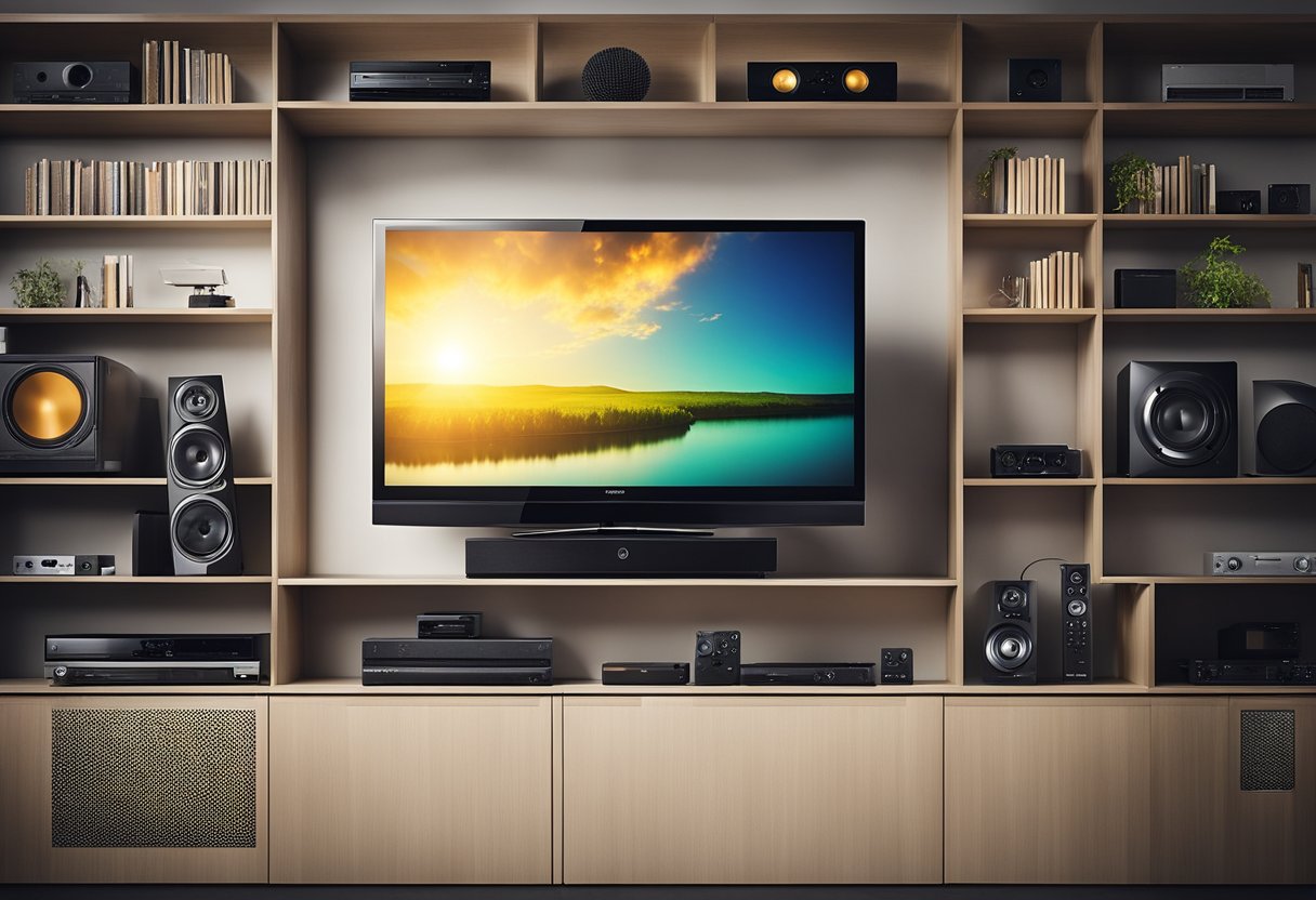 A hand reaches out to a sleek TV mounted on the wall, surrounded by shelves holding various accessories like speakers and remotes