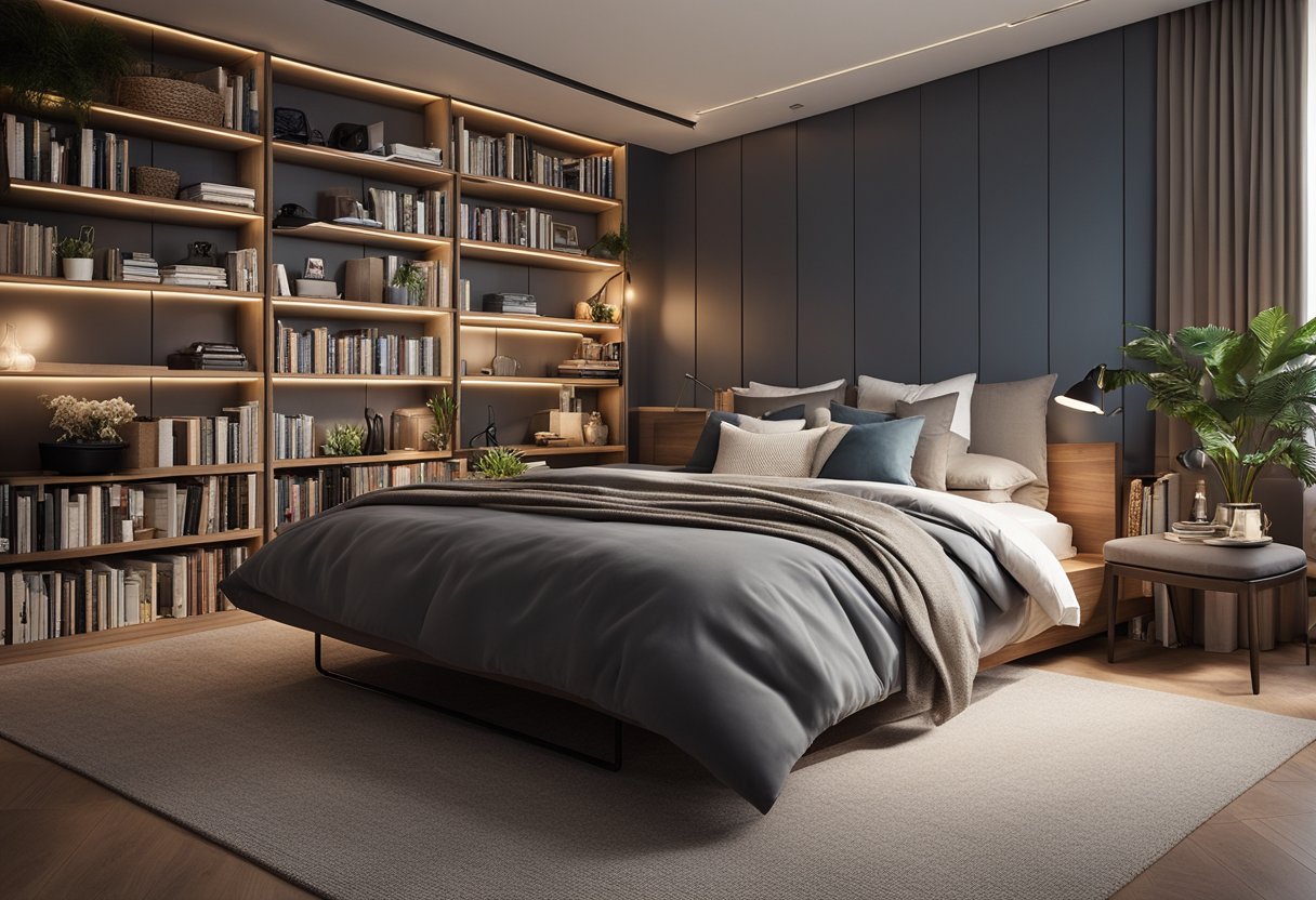 A cozy bedroom with a mounted TV, surrounded by shelves of books and decorative items. The bed is neatly made, and soft lighting creates a warm and inviting atmosphere