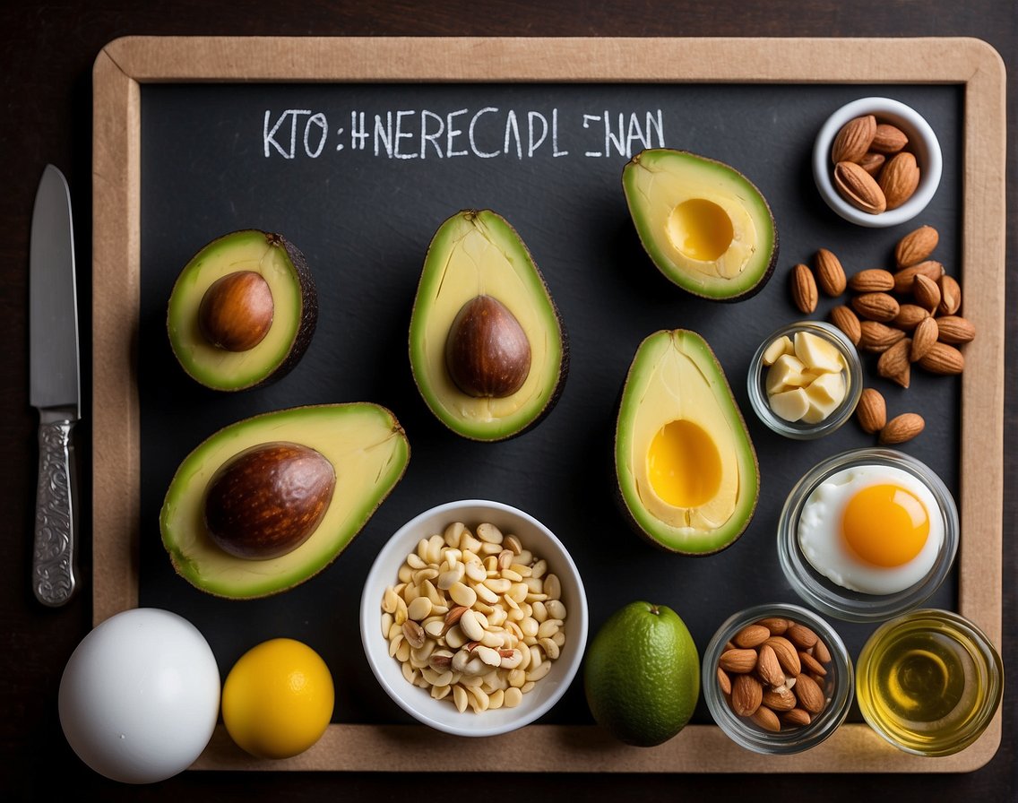 A table filled with low-carb, high-fat foods like avocados, eggs, and nuts. A keto-friendly meal plan on a chalkboard. No human subjects