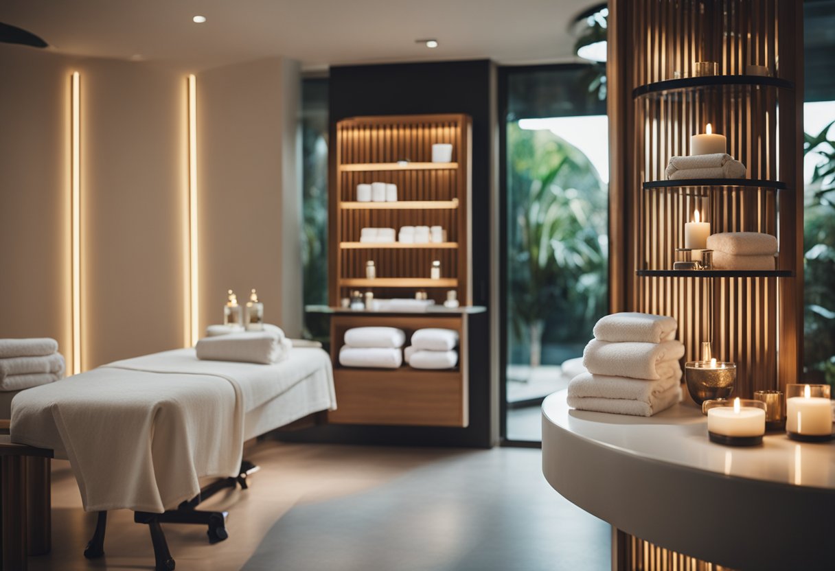 A serene spa room with modern skincare equipment and products for anti-aging treatments. Soft lighting and calming decor create a relaxing atmosphere