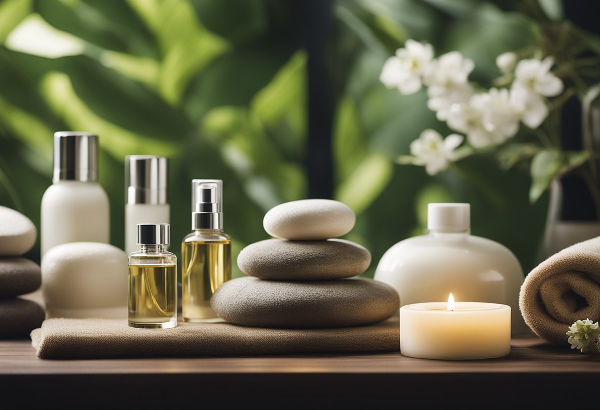 A serene spa setting with natural skincare products and anti-aging treatments on display