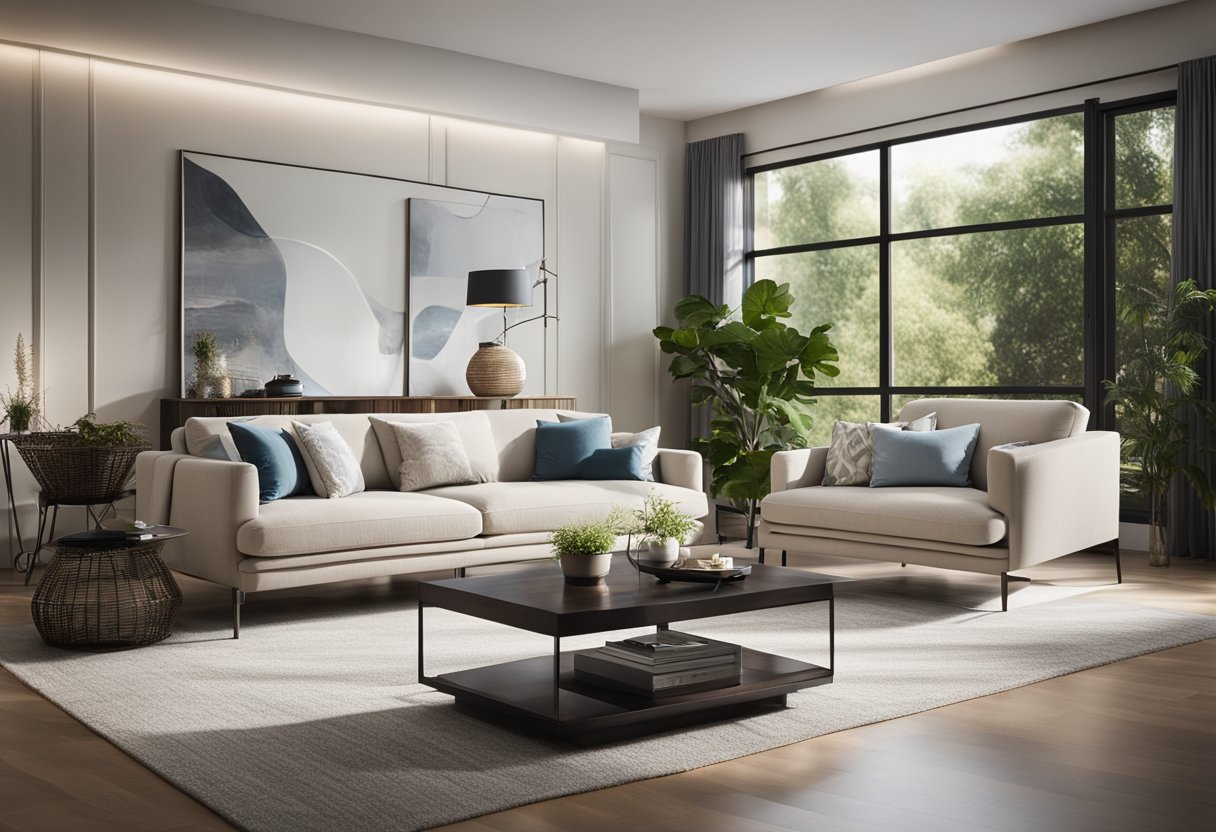 A modern living room with a sleek sofa set, clean lines, and contemporary design. Bright, spacious, and inviting atmosphere