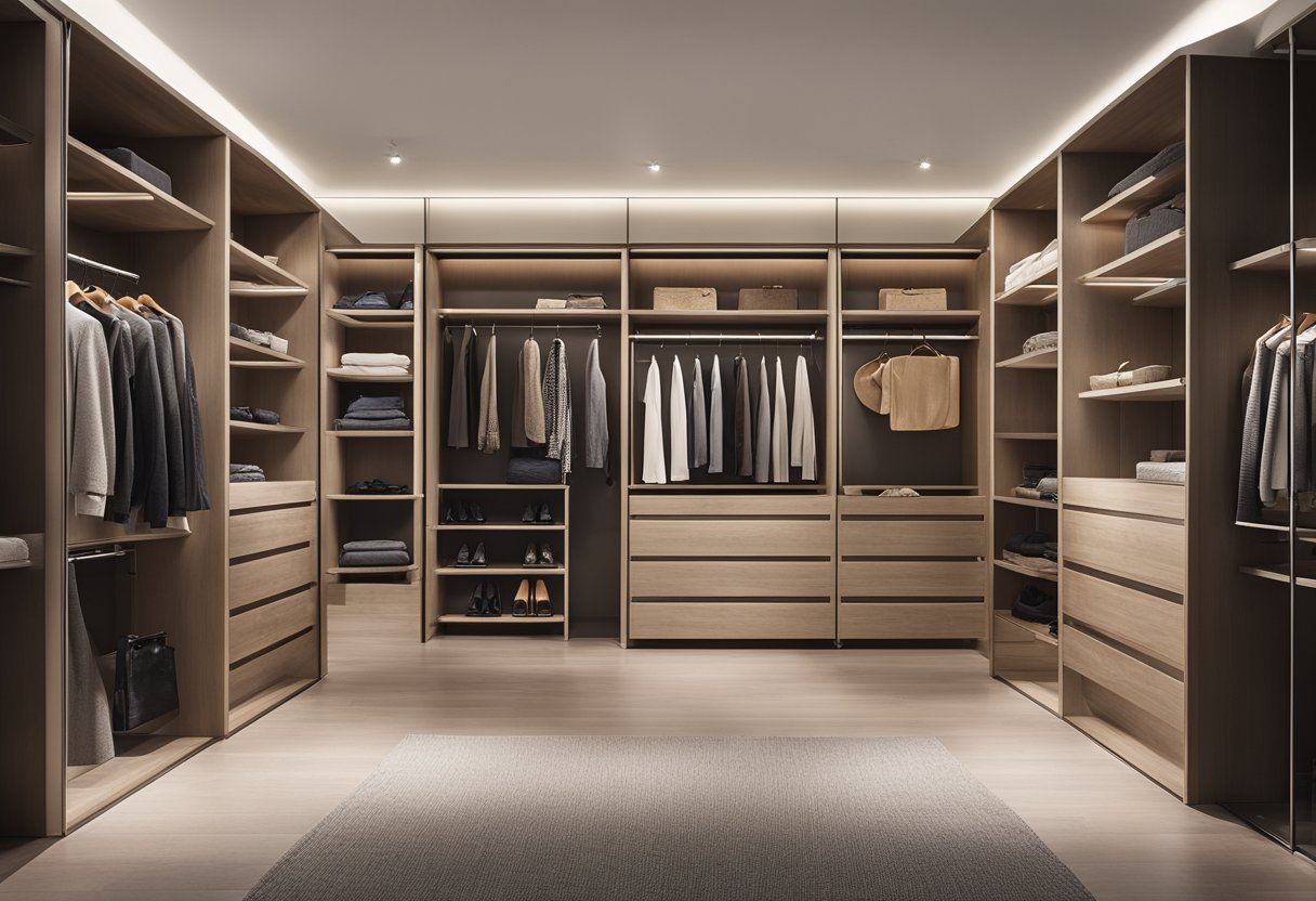 A spacious walk-in wardrobe with custom shelving, hanging space, and drawers. Soft lighting and a full-length mirror complete the elegant design