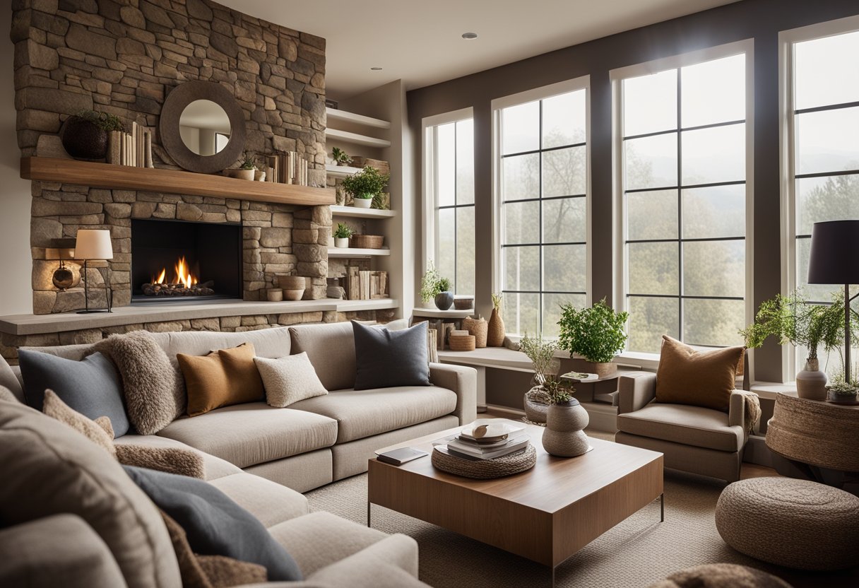 A cozy living room with a built-in bookshelf, a plush sectional sofa, and a fireplace surrounded by stone. A large window lets in natural light, and the room is decorated with earthy tones and textured fabrics