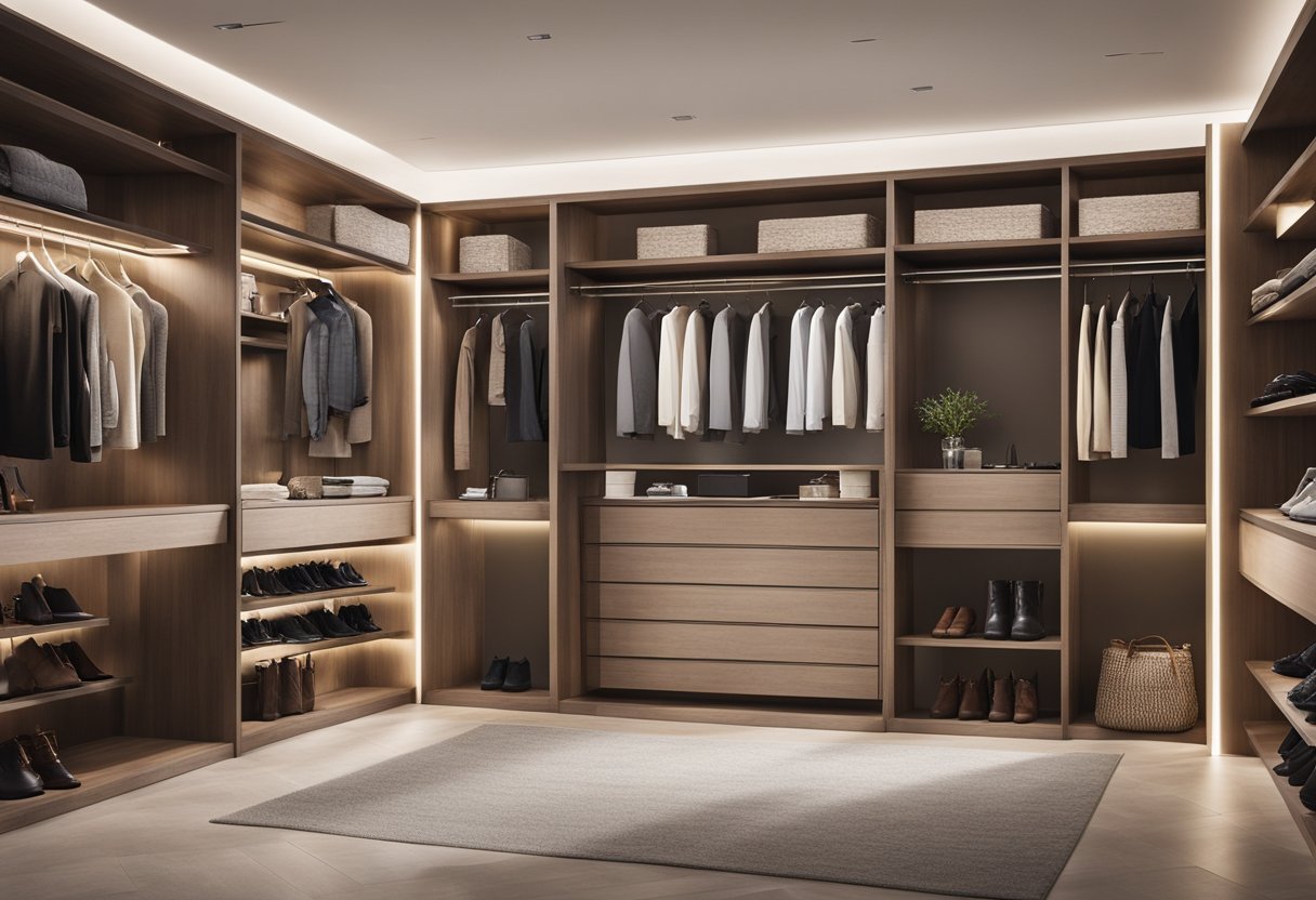 A spacious walk-in wardrobe with built-in shelves, hanging rods, and a central island for accessories. Bright lighting and a full-length mirror complete the luxurious design