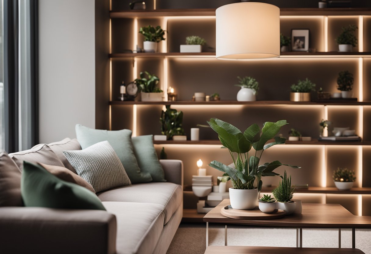 A cozy living room niche with built-in shelves, plush seating, and soft lighting. A small coffee table and potted plants complete the inviting space