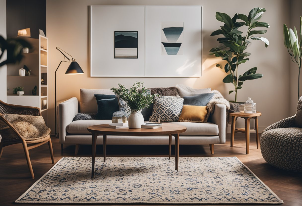 A cozy living room with unique details: patterned throw pillows, vintage-inspired rug, and custom artwork on the walls