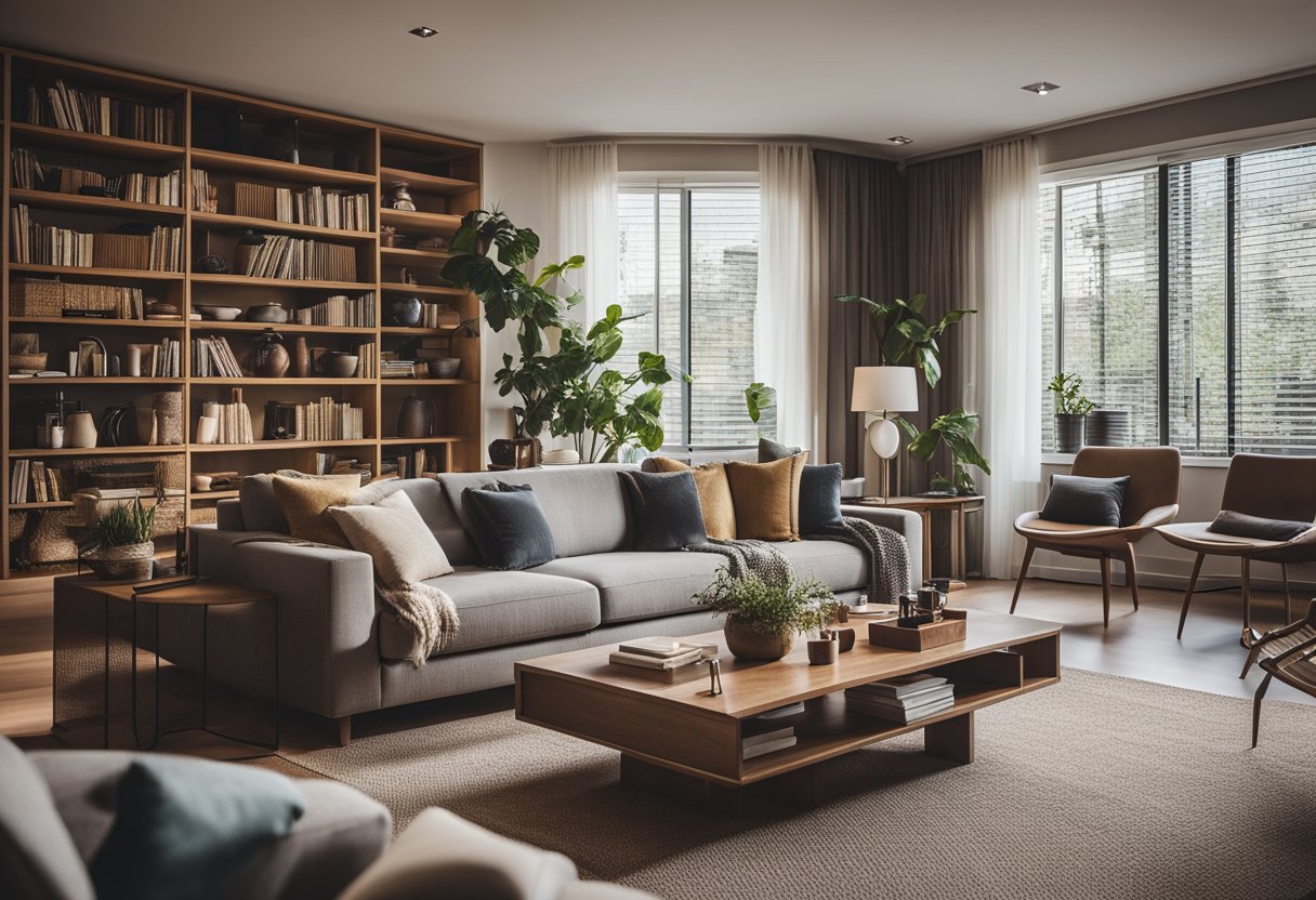 A cozy living room with a modern design, featuring a comfortable sofa and a stylish coffee table. The room is adorned with shelves filled with books and decorative items, creating a warm and inviting atmosphere