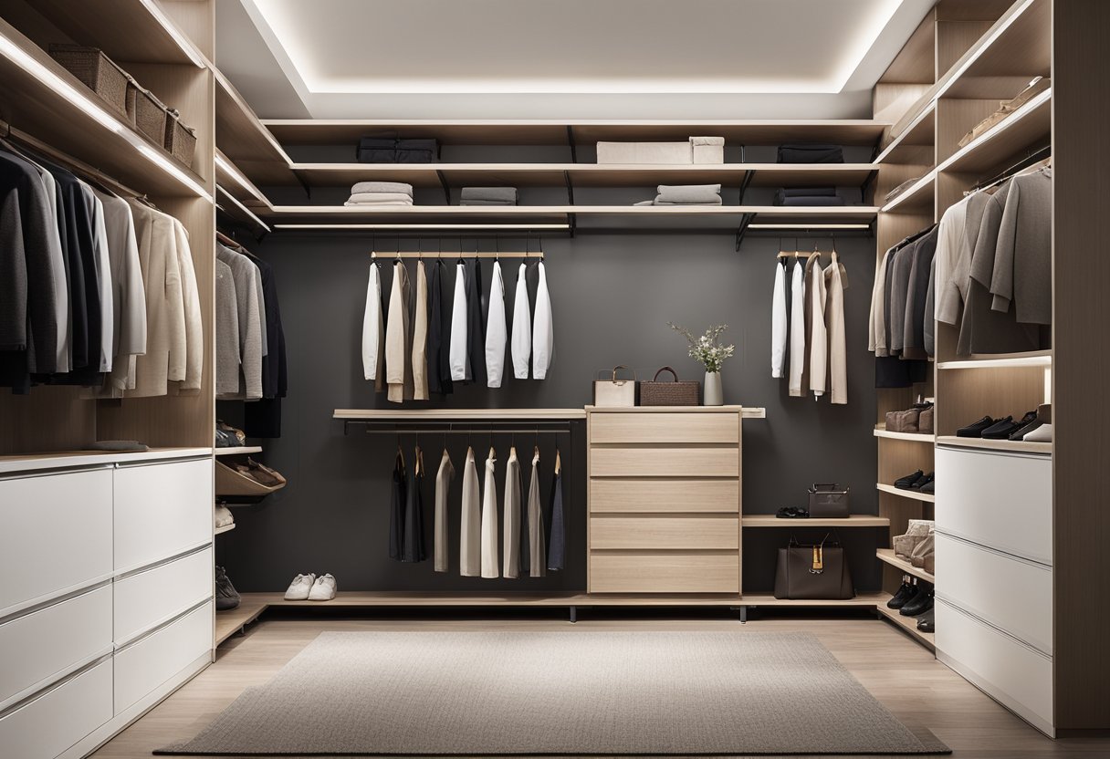 A spacious walk-in wardrobe with organized shelves, drawers, and hanging space. The design includes ample lighting and a full-length mirror