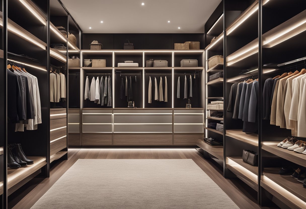 A spacious walk-in wardrobe with custom shelving, drawers, and hanging space. Soft lighting and a full-length mirror complete the luxurious design