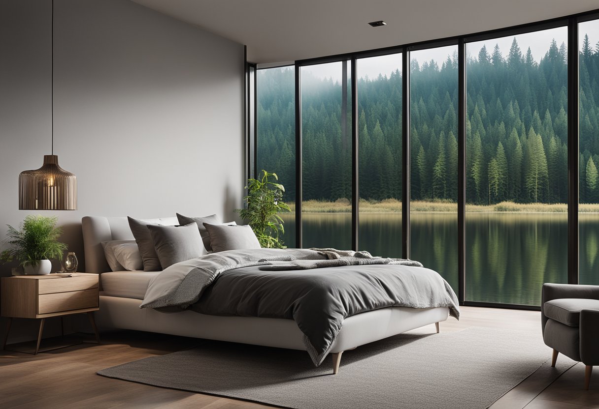 A cozy bedroom with a large wall sticker of a serene forest scene, featuring tall trees, a calm river, and a clear sky