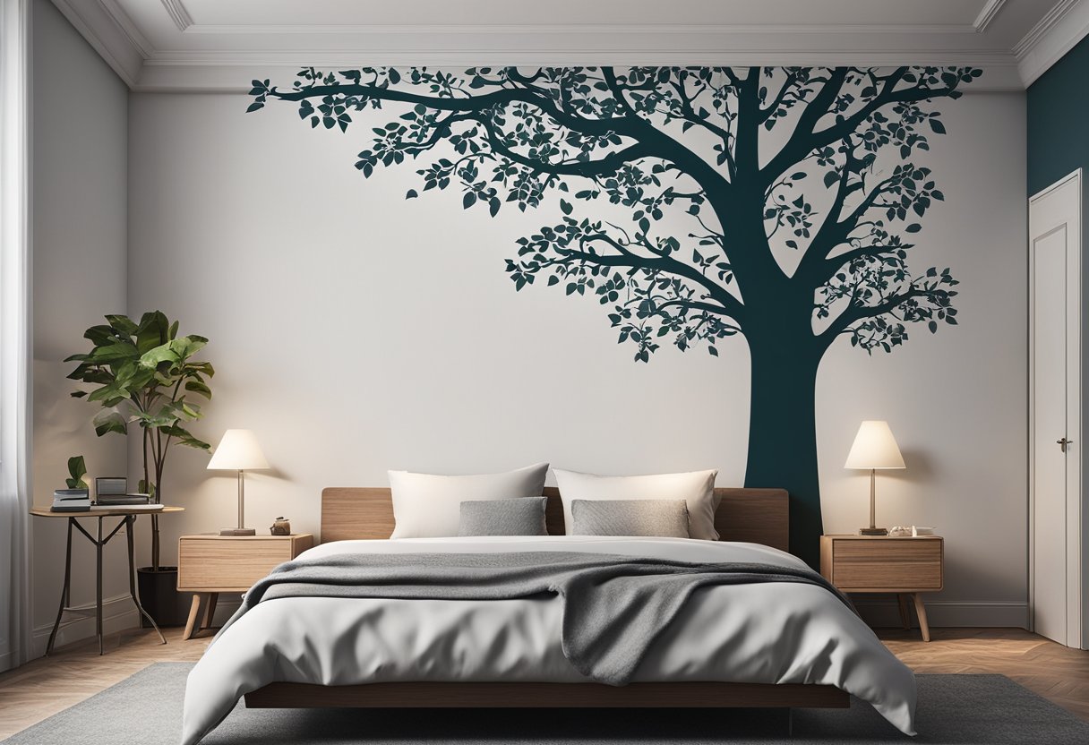 A bedroom with a blank wall. A large tree wall sticker is being applied, transforming the space with a nature-inspired design