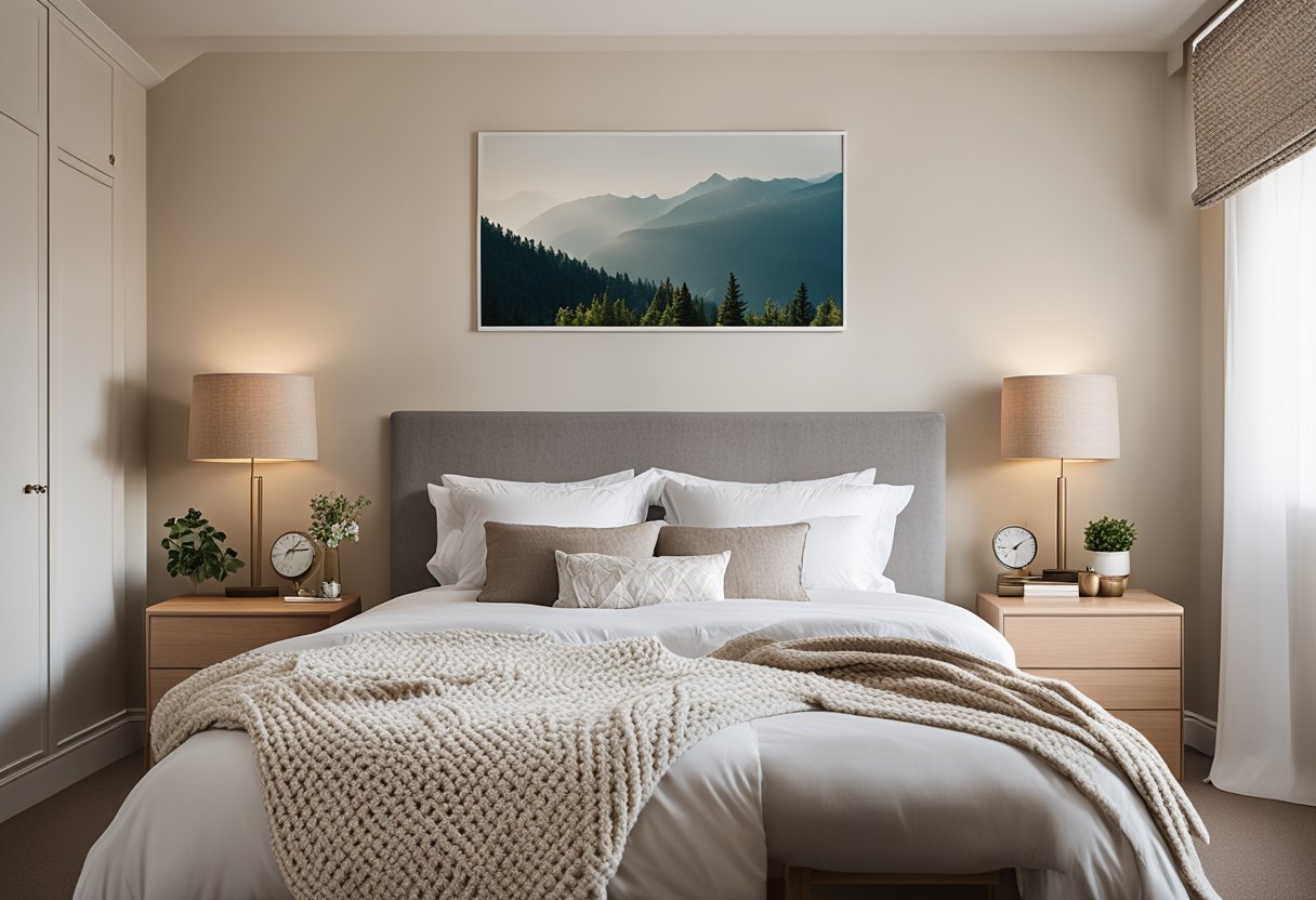 A bedroom with neutral-colored walls, a cozy bed with decorative pillows, and a small desk with a stylish chair. A wall sticker of a serene nature scene adds a pop of color and tranquility to the room