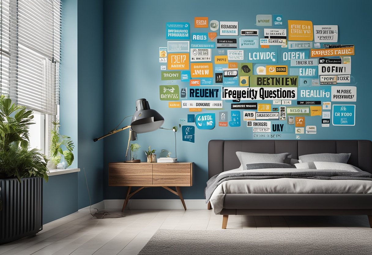 A bedroom wall with a "Frequently Asked Questions" sticker design, featuring bold typography and colorful accents