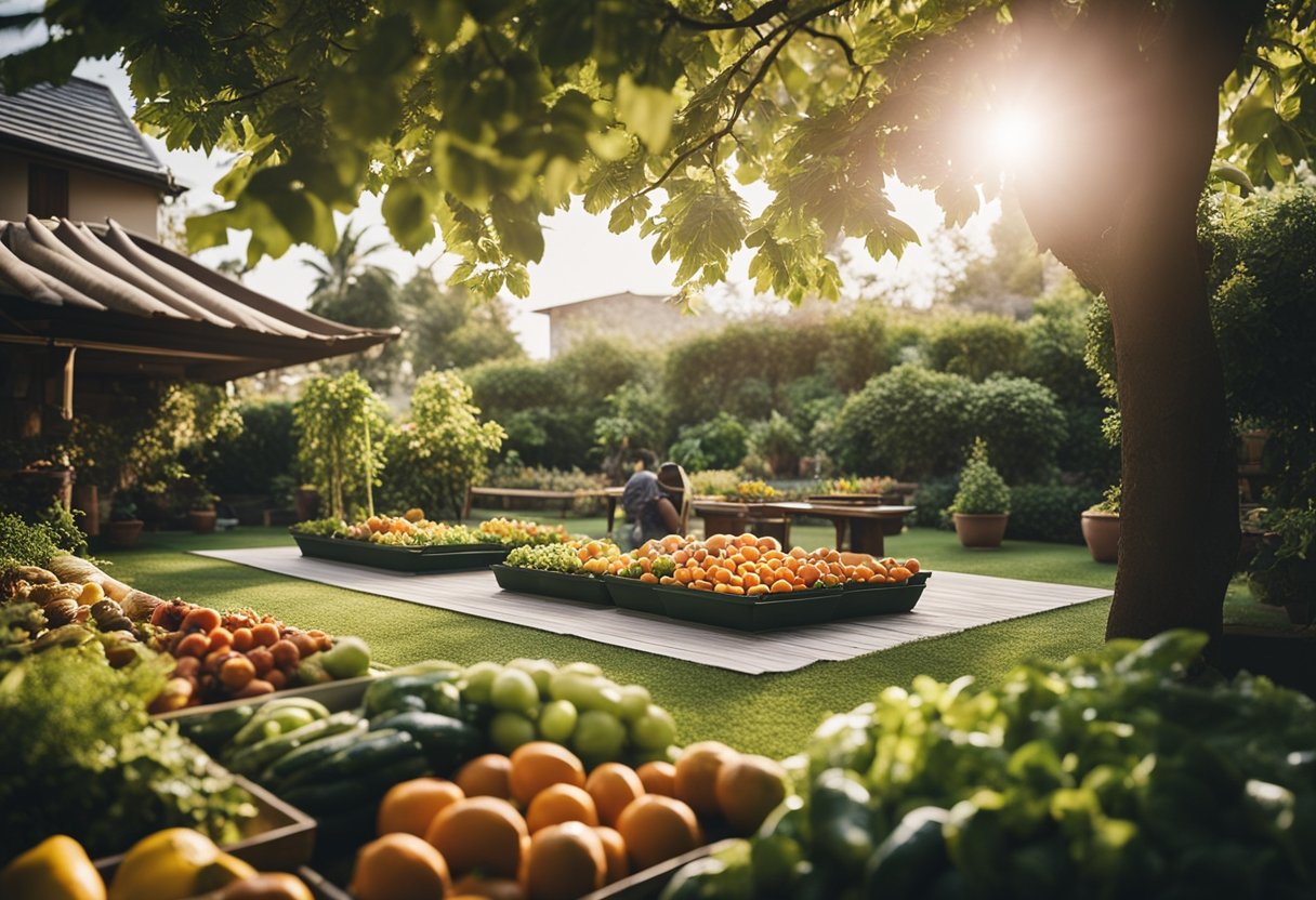 A vibrant garden with fresh fruits and vegetables, a person exercising outdoors, and a peaceful meditation space