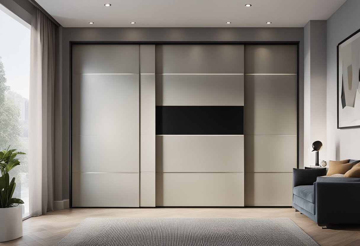 A sleek, modern sliding wardrobe door in a bedroom, with clean lines and a minimalist design