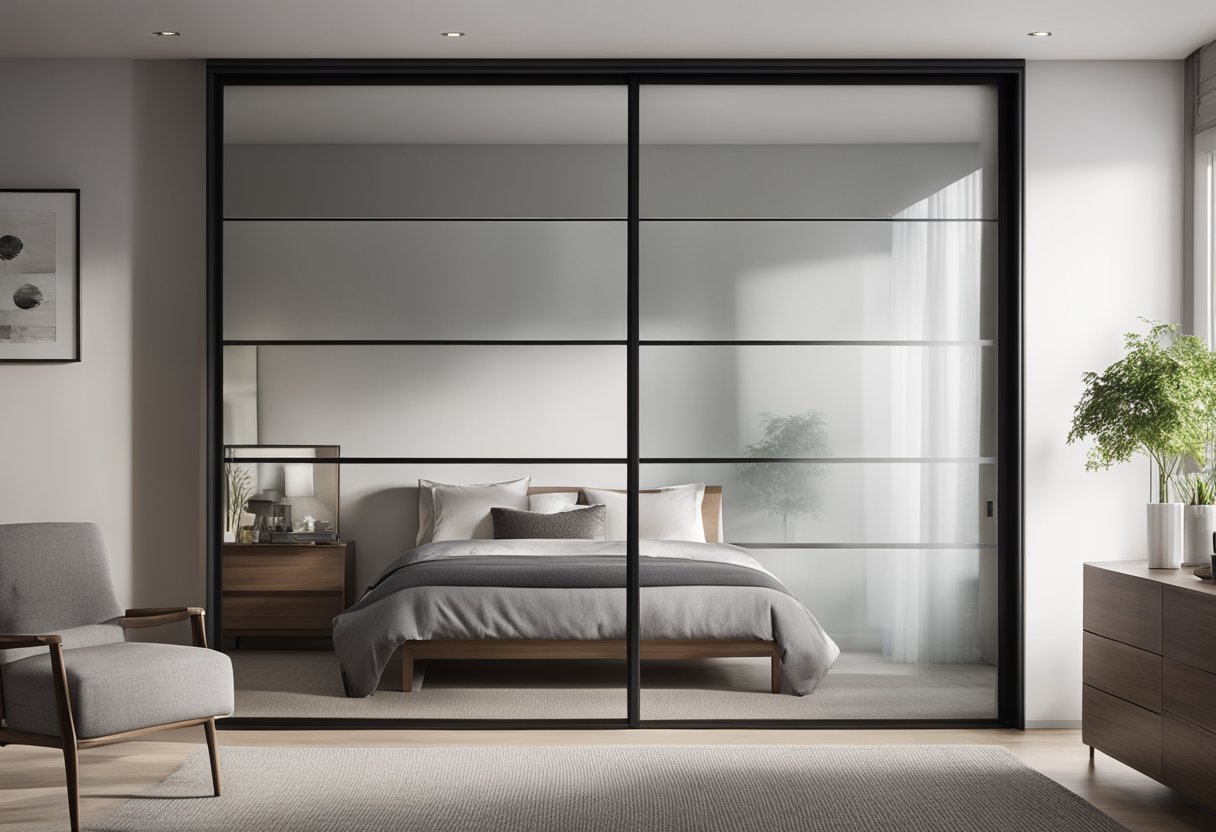 A sleek, modern sliding wardrobe door design with clean lines and a minimalist aesthetic, featuring a combination of mirrored and frosted glass panels for a contemporary bedroom