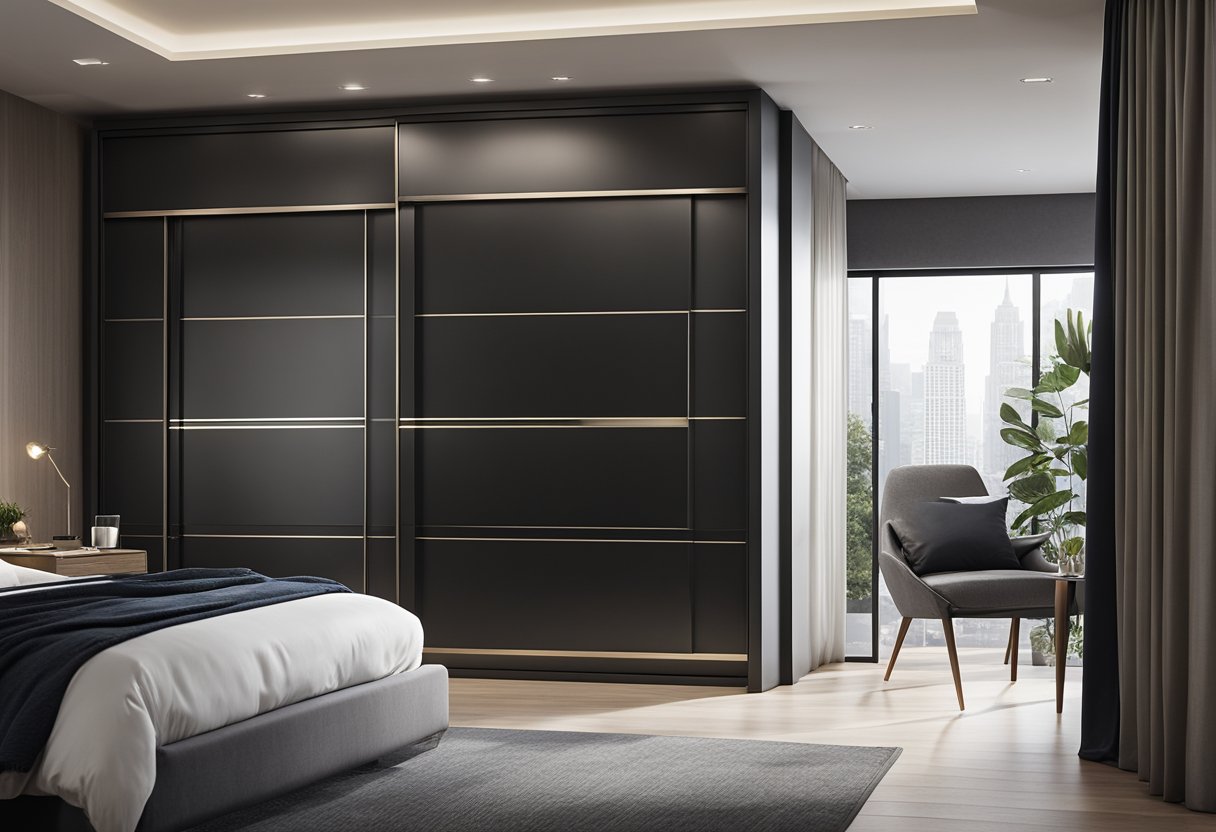A sleek, modern wardrobe with a sliding door in a bedroom setting. The door features a minimalist design with clean lines and a smooth, effortless sliding mechanism