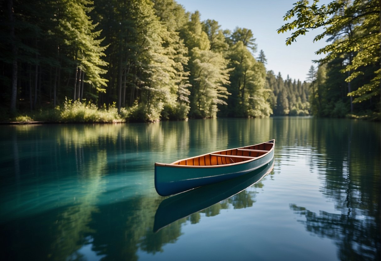An aluminum canoe floats on calm water, surrounded by lush green trees and a clear blue sky. It is being used for leisurely paddling or fishing