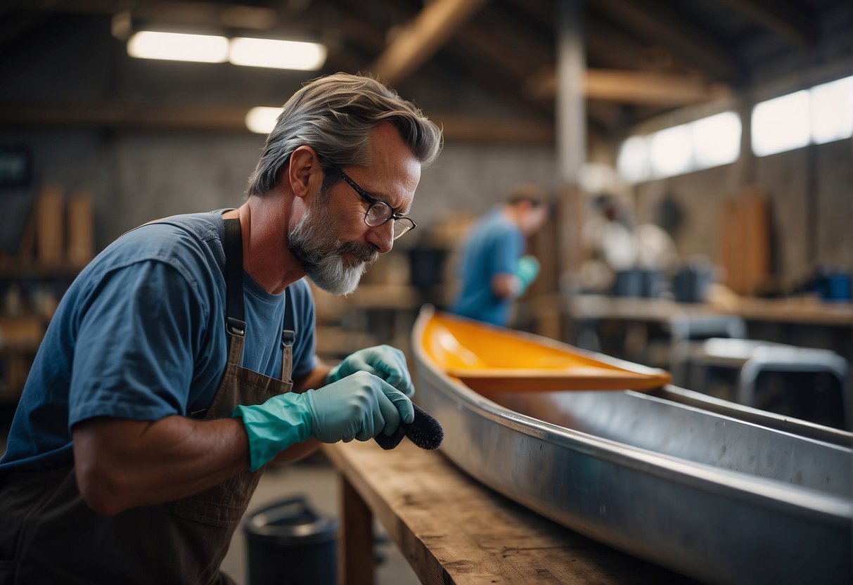 A person applies protective coating to an aluminum canoe, using a brush and wearing gloves. The canoe sits on sawhorses in a well-lit workshop