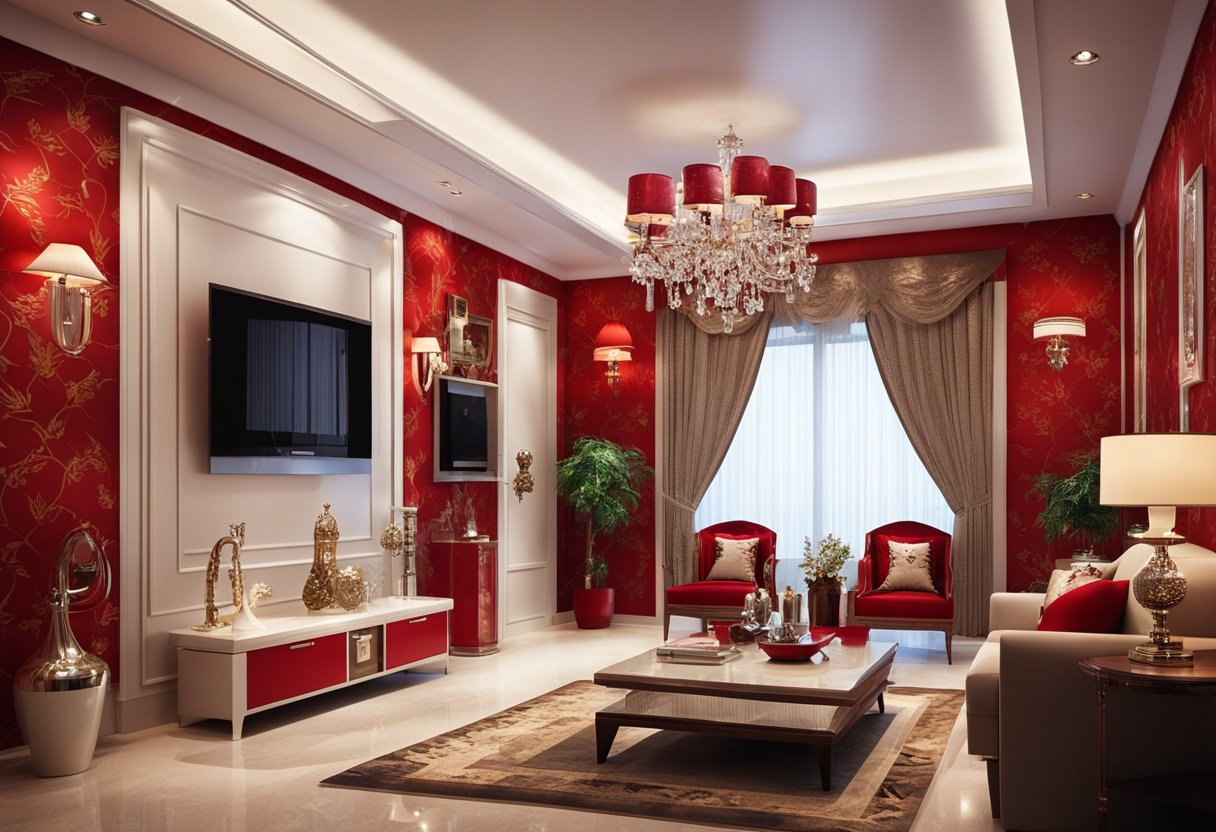 The living room is adorned with intricate red wallpaper designs, adding a bold and elegant touch to the space