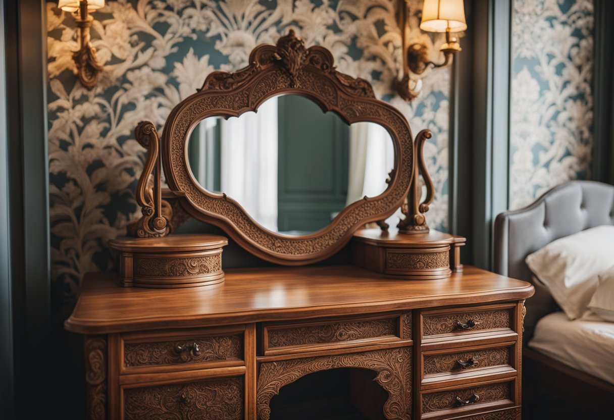 A wooden dressing table with a large mirror, intricate carvings, and ornate handles sits against a patterned wallpaper in a cozy bedroom