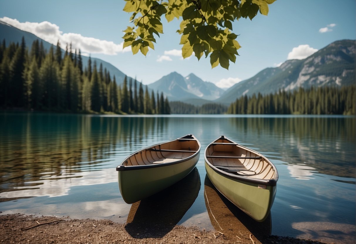 Two aluminum canoes on a calm lake, one with fishing gear, the other with a picnic basket. Trees and mountains in the background
