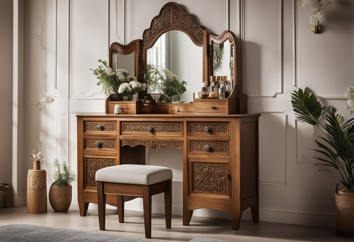 A wooden dressing table sits against a bedroom wall, adorned with intricate carvings and a large mirror. Drawers and compartments provide ample storage for beauty and grooming essentials