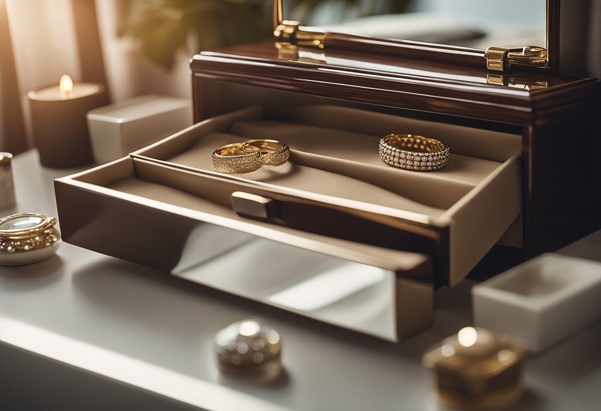 A hand reaches for a delicate jewelry box on a sleek, wooden dressing table in a well-lit bedroom. A mirror reflects the elegant design