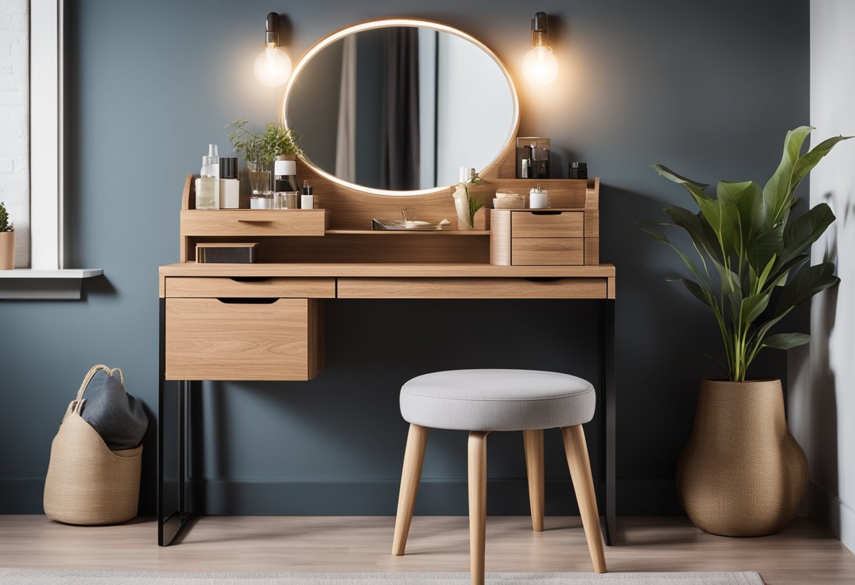 A wooden dressing table stands in a bedroom, with sleek, modern design and ample storage space