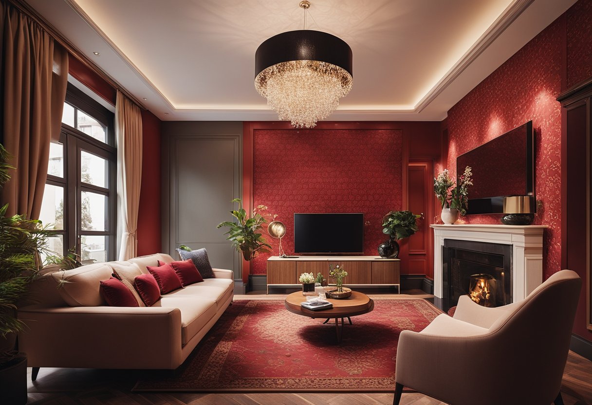 A cozy living room with red wallpaper adorned with intricate floral patterns, creating a warm and inviting atmosphere