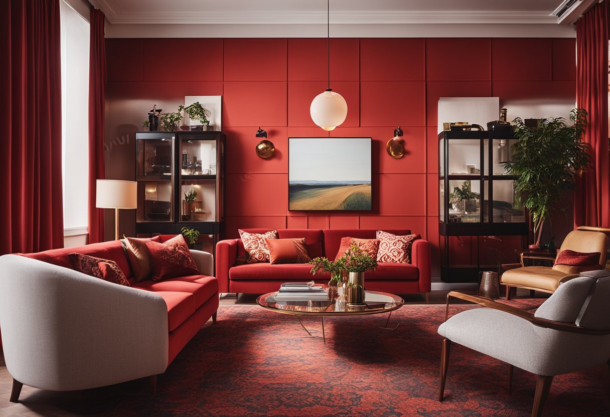 A living room with vibrant red wallpaper evokes energy and passion. The bold color creates a warm and inviting atmosphere, perfect for social gatherings or relaxation