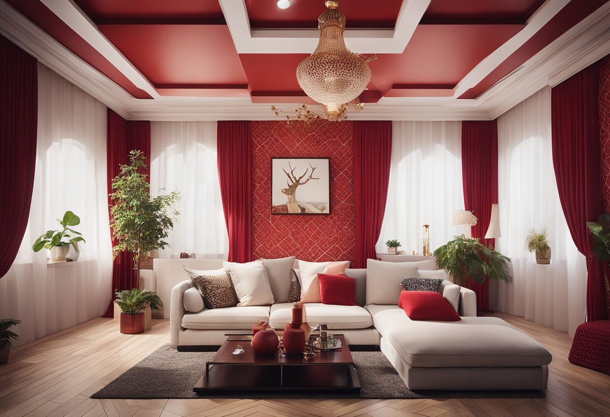 A cozy living room with red wallpaper, featuring intricate floral patterns and geometric designs