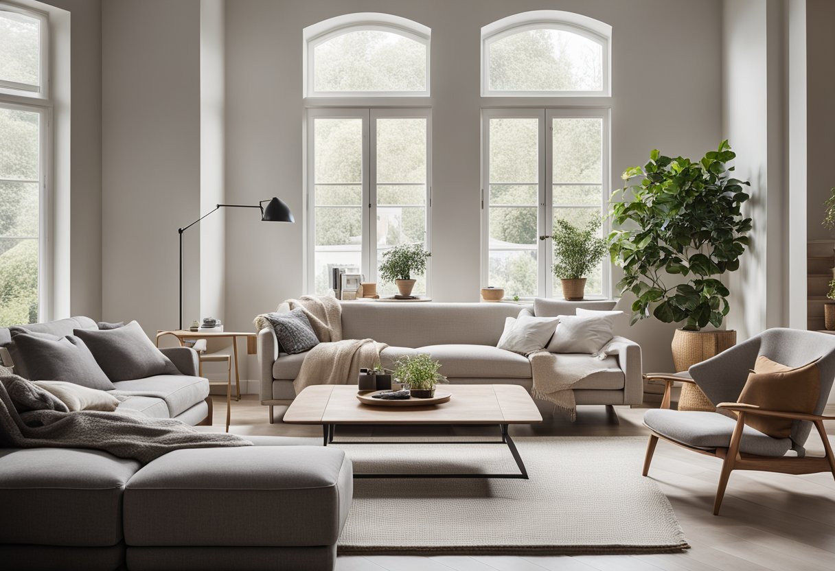 A cozy living room with minimalistic furniture and neutral colors. A large window lets in natural light, highlighting the clean lines and simple decor