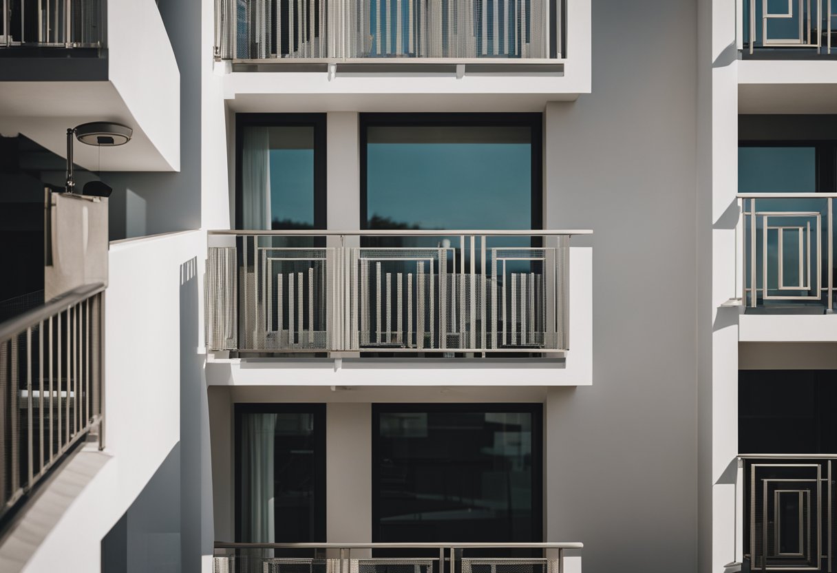 A modern balcony with sleek concrete railings, geometric patterns, and minimalist details