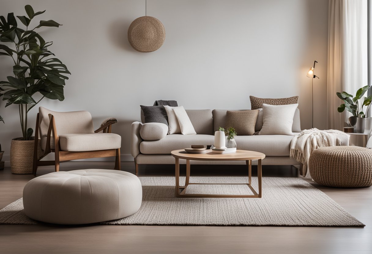 A cozy, minimalist living room with neutral colors, sleek furniture, and soft lighting. A large, plush rug anchors the space, while a few carefully chosen decorative accents add a touch of sophistication