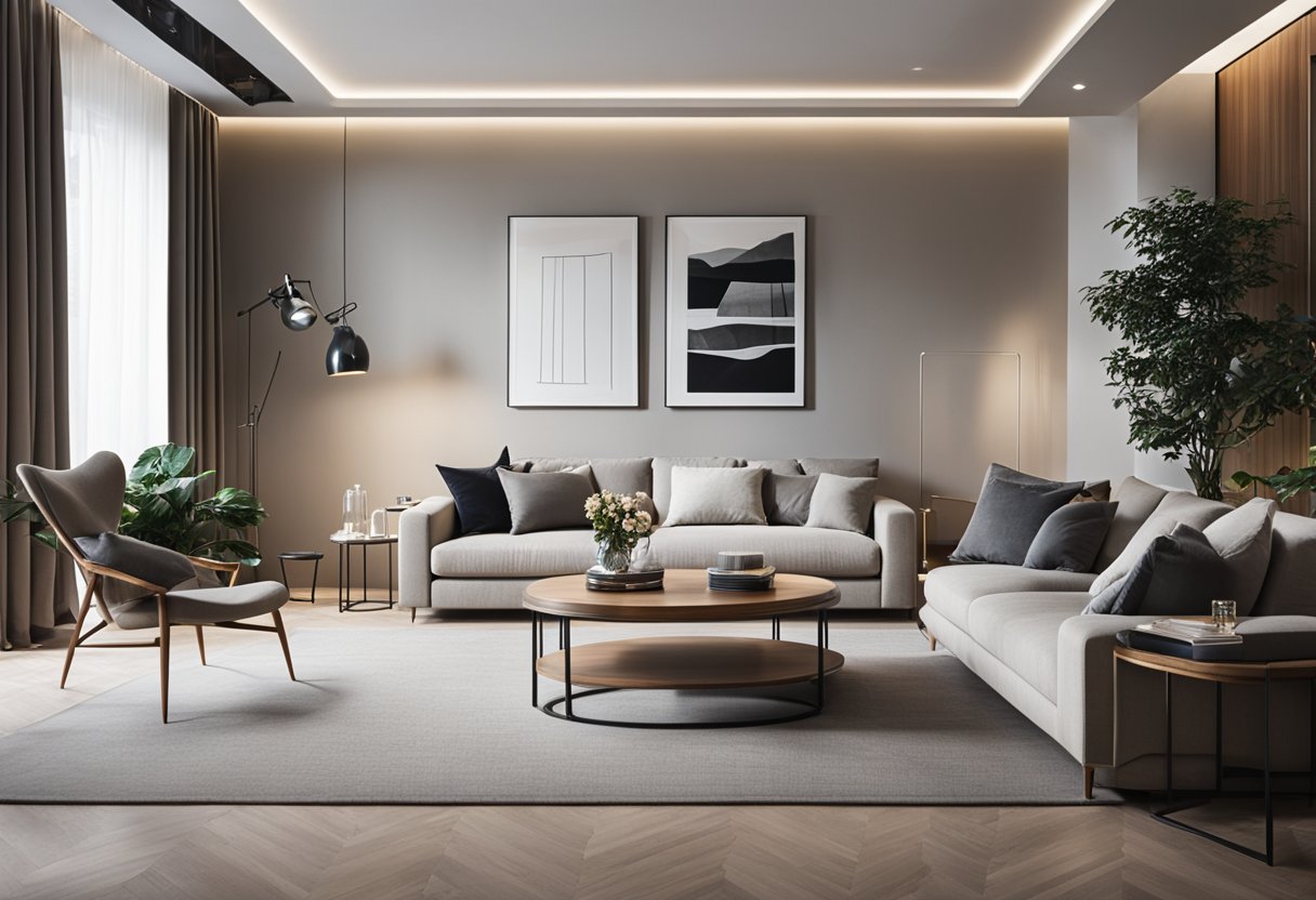 A simple and elegant living room with minimalistic furniture, soft lighting, and carefully curated decor