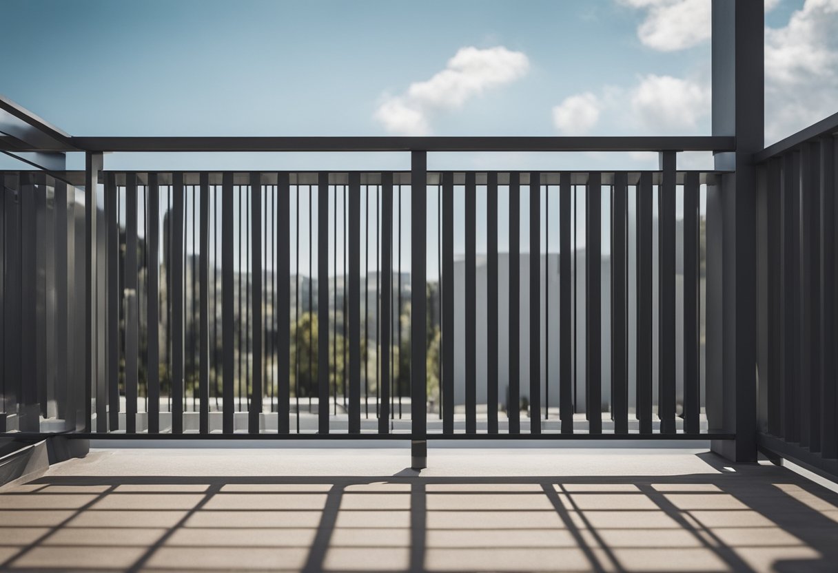 Concrete balcony railing with horizontal slats, smooth finish, and angled supports. Material is sturdy and weather-resistant, with clean lines and minimalistic design